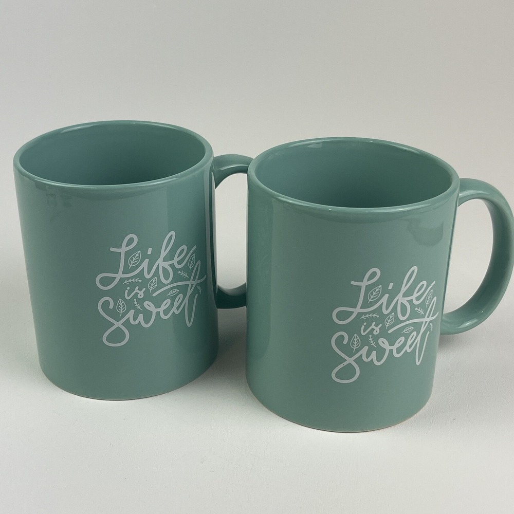 Set Of 2 Modern Gourmet Foods Life Is Sweet Stoneware Coffee Mug Tea Cup Blue